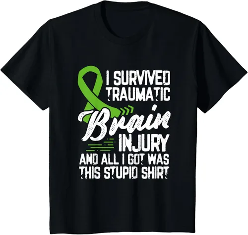 Vista 32 de Camiseta traumática con cinta verde para concienciación de lesiones cerebrales traumáticas I survived TBI, Negro, S