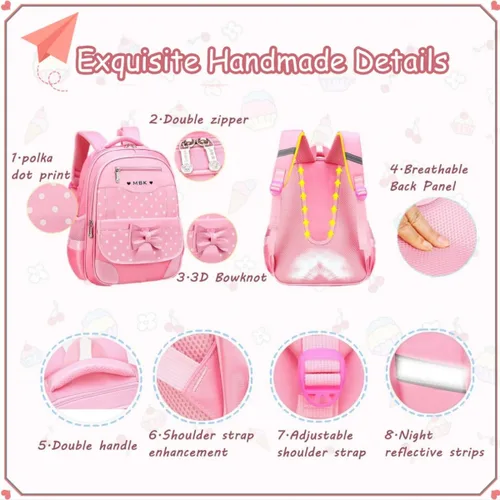 Vista 3 de Juego de 2 mochilas escolares con lazos para niñas y estudiantes, diseño de princesa para escuela primaria, 2pcs Negro-s, 2Pcs BagSet S