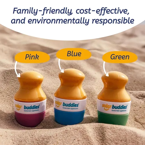 Vista 6 de Solar Buddies Aplicador de protector solar – Paquete azul de 2 – Protector solar de esponja roll-on recargable sin BPA, crema solar y aplicador