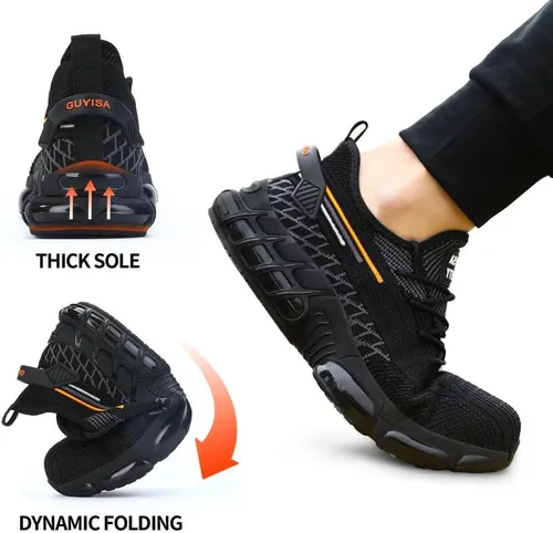 Vista 7 de BAIYIJIA Zapatos de punta de acero para hombre, zapatos de trabajo antideslizantes para construcción con amortiguación de aire, zapatos