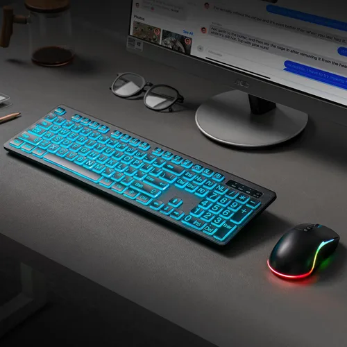 Vista 6 de Combo de teclado y mouse inalámbricos de impresión grande retroiluminada, teclados de tamaño completo de 2.4 G con teclas grandes iluminadas, teclas