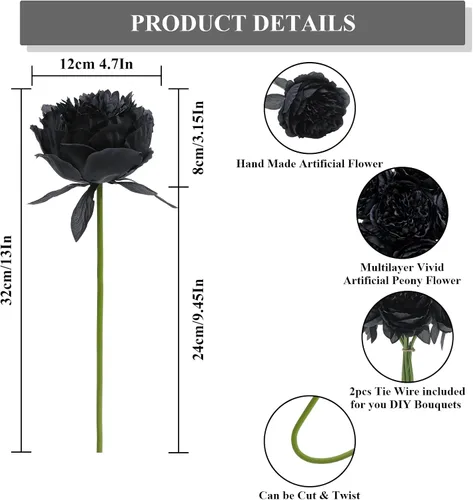 Vista 5 de U'Artlines 10 cabezas de peonías artificiales de seda, hojas y flores para decoración del hogar, oficina, bodas, fiestas, festivales y bares (negro)