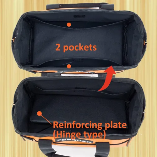 Vista 3 de Bolsa de herramientas de 13 pulgadas, impermeable, naranja, organizador de herramientas con boca ancha y correa de hombro para herramientas