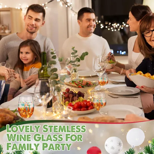 Vista 5 de 2 copas de vino sin tallo, taza divertida de 17 onzas con texto en inglés «Merry Christmas & New Year» – Regalos para mujeres, hombres, mamá, papá