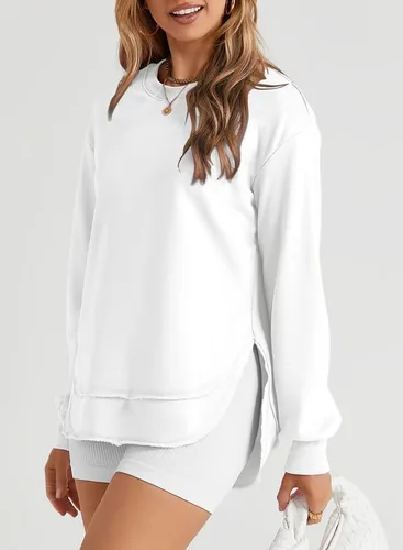 Vista 2 de SHEWIN Sudadera de gran tamaño para mujer, casual, de otoño, manga larga, cuello redondo, sin botones