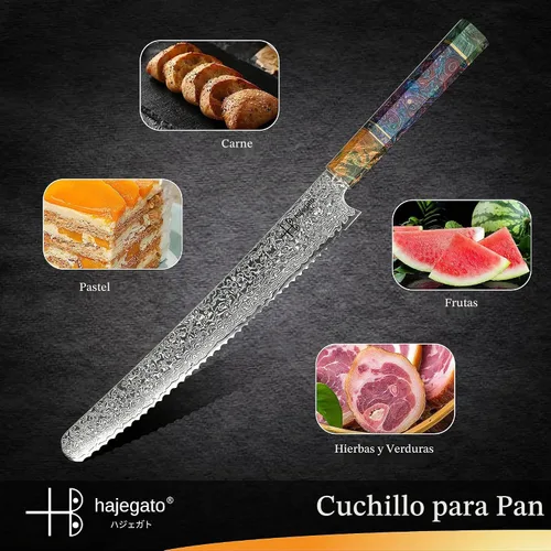 Vista 3 de Cuchillo de chef de Damasco, rebanador de pan, mango único, profesional, de 10 pulgadas, cuchillo de cocina japonés Vg10, 67 capas, cuchillo