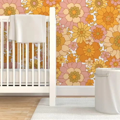 Vista 6 de Spoonflower Papel tapiz autoadhesivo para despegar y pegar, papel tapiz extraíble personalizado retro floral blanco vintage de los años 70
