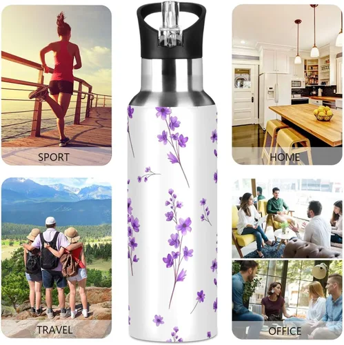 Vista 5 de Purple Flowers Leaves Stainless Steel Water Bottle 20 Oz Leakproof Water Bottles, BPA-Free Sports Water Bottle with Straw