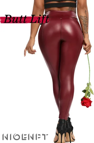 Vista 5 de NIOENPT Pantalones de cuero para mujer, leggings de piel sintética brillante, cintura alta, leggings de poliuretano negro, traje de discoteca