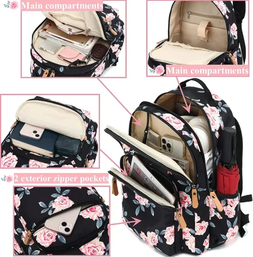 Vista 24 de Leaper Mochila para laptop para mujer: linda mochila floral para escuela, universidad, viajes, trabajo, mochila ligera para niños, Negro margarita