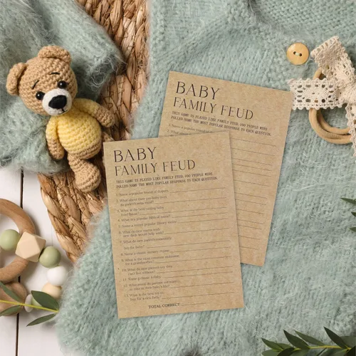 Vista 3 de Tarjeta de juego para baby shower, juego de 30 tarjetas de papel kraft con doble impresión, pelea familiar con 1 tarjeta de respuesta para bebé