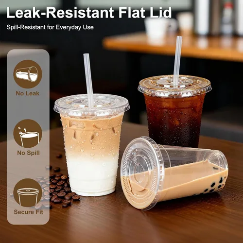 Vista 4 de Paquete de 100 vasos de plástico transparente de 16 onzas con tapas y pajitas, vasos desechables para café helado, a prueba de fugas, vasos de PET