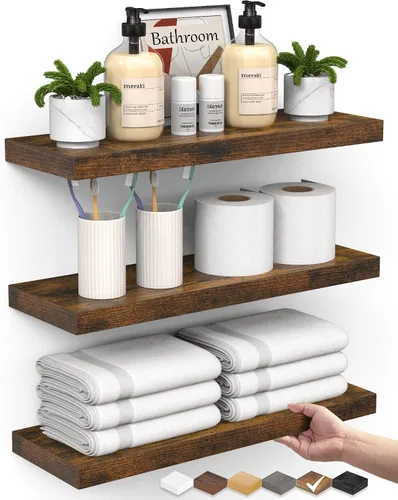 Vista 23 de BAYKA Estantes flotantes para pared, estantes de madera rústica montados en la pared para baño, dormitorio, sala de estar, cocina, estante colgante