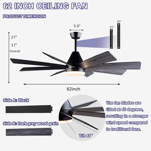 Vista 4 de Ventilador de techo iluminado de 62 pulgadas, negro, con control remoto, función de memoria completa, funcionamiento silencioso, ideal para garajes