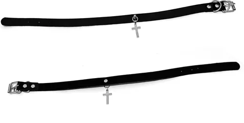 Vista 5 de Tosmifairy Gargantilla gótica negra de piel sintética con colgante de luna y cruz para mujeres y adolescentes