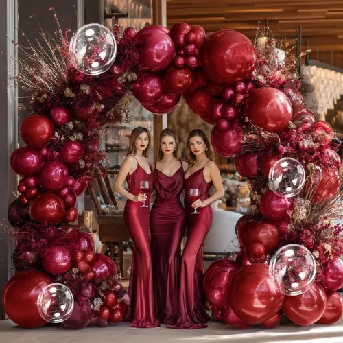 Vista 8 de Kit de guirnalda de globos rojos de doble relleno, color rojo rubí burdeos, arco de globos transparentes para cumpleaños, boda, despedida