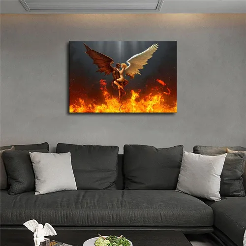 Vista 4 de Leotear Lienzo de arte con alas de ángel y diablo y ángel con plumas blancas y negras, arte de pared, póster impreso en alta definición sobre