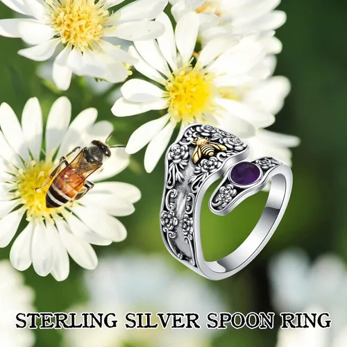 Vista 6 de Anillo de cuchara de plata de ley, anillos gruesos de abeja de oro para mujer, anillo de turquesa ajustable