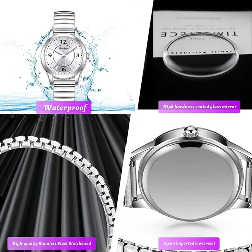 Vista 6 de BOSHIYA Relojes para mujer Easy Reader de 1.181 in de acero inoxidable con banda de expansión plateada dorada para mujer, reloj de pulsera pequeño
