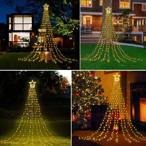 Vista 4 de Guirnalda de luces de Navidad en cascada con 317 luces LED de estrella colgantes centelleantes de cortina de hadas para fiesta, boda, patio Blanco