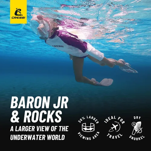 Vista 2 de Cressi Kit de snorkel junior para niños de 6 a 12 años - Máscara facial completa + aletas ajustables + equipo ligero colorido - Baron Jr & Rocks