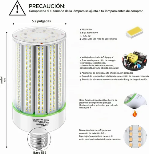 Vista 3 de Bombilla LED de maíz de 250 W, reemplazo de halogenuros metálicos de 1000 W, bombilla LED de base Mogul E39 de 5000 K, lámpara HPS HID para uso