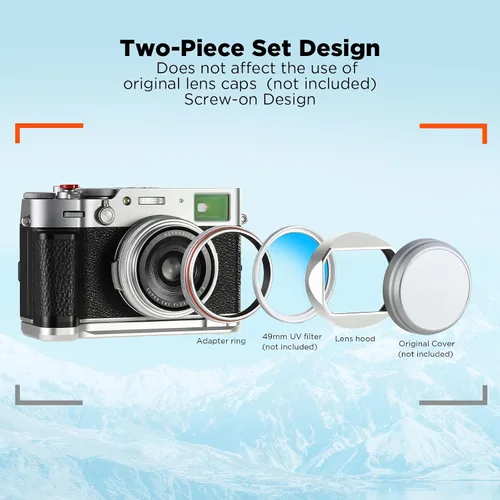 Vista 4 de Capota cuadrada de metal Haoge para Fuji X100VI Fujifilm FinePix X100V X100F X100 X100S X100T X70 Accesorios de cámara, color plateado con tapa