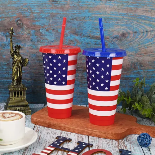 Vista 4 de JarThenaAMCS 12 piezas de vasos de plástico patrióticos con tapa con pajita 4 de julio, vaso para bebidas frías con bandera americana roja, azul