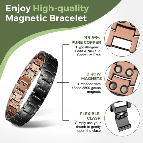 Vista 2 de MagEnergy Pulsera de cobre para hombre, 99.9% de cobre puro, pulsera magnética con imanes de doble fila, caja de joyería ajustable para la salud