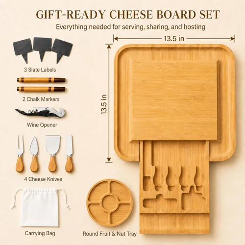 Vista 2 de Bambüsi Tablas de charcutería – Juego de tablas grandes de bambú para charcutería con cuchillos para servir, bandeja de queso, regalos