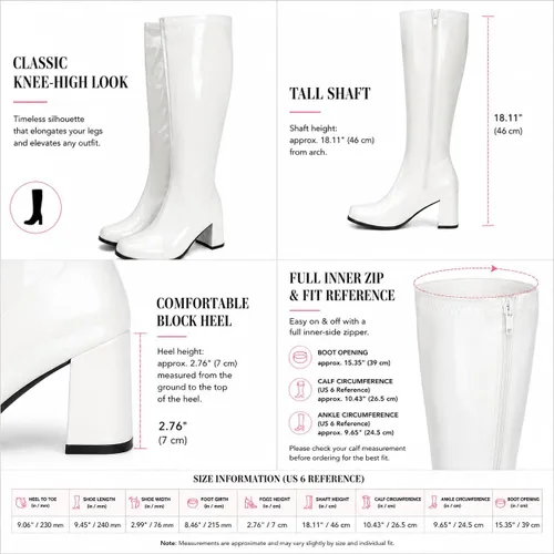 Vista 6 de LIURUIJIA Botas Gogo de mujer, hasta la rodilla, tacón ancho, punta cuadrada, estilo años 60 y 70, botas de disfraz de discoteca Blanco