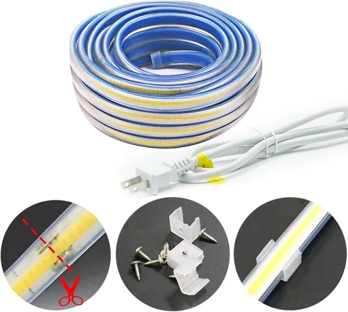 Vista 5 de Tira de luz LED 3000K AC 110V 1M Iluminación impermeable 110 voltios Tira de luz LED COB enchufable 1 metro Blanco cálido para iluminación