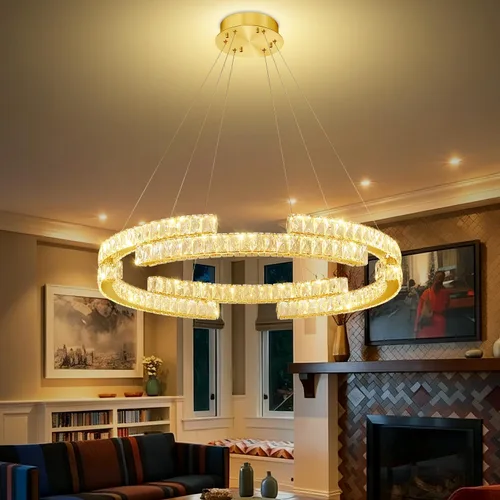 Vista 13 de D40''+D27.5''+D15.7'' Moderna lámpara de araña de oro de 3 anillos de cristal para sala de estar, luz colgante de cristal, entrada de vestíbulo Oro