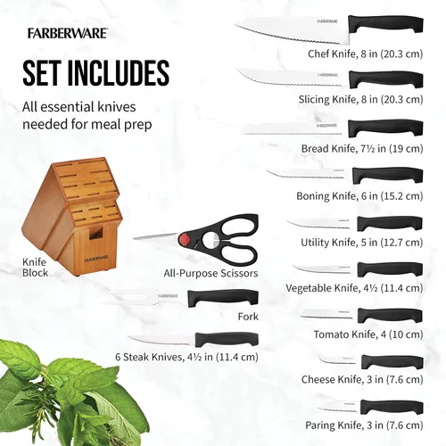 Vista 4 de Farberware Never Needs Sharpening - Juego de bloques de cuchillos de acero inoxidable de alto carbono con asas antideslizantes, 18 piezas