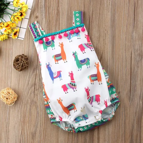 Vista 6 de Lamuusaa Mameluco de verano para bebé recién nacido y niña con patrón de alpaca colorido