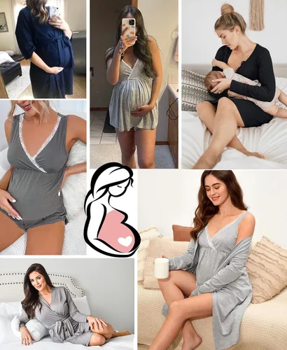 Vista 6 de SWOMOG Conjunto de pijama de maternidad para mujer con bata de 3 piezas, ropa de dormir sin mangas y pantalones cortos para embarazo