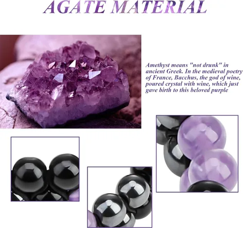 Vista 5 de Pulseras de triple protección para hombres y mujeres, joyería de muñeca de cristal curativo de hematita de amatista auténtica, piedras naturales