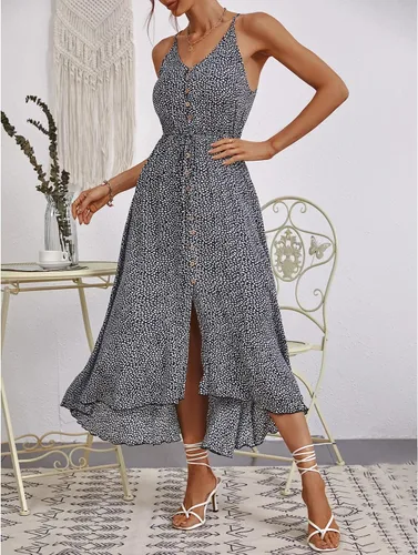 Vista 3 de BROVAVE - Vestido de verano 2023 para mujer, diseño informal, bohemio, con lunares, tirantes delgados, cuello en V, holgado y de largo por debajo