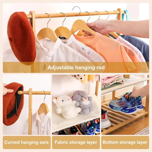 Vista 5 de Perchero de bambú para niños con 2 cestas de almacenamiento y 2 varillas ajustables para colgar, soporte para ropa infantil con estante, estantes
