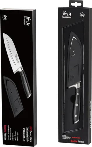 Vista 8 de Cangshan ALPS Series 502742 Cuchillo Santoku de acero alemán forjado de 7 pulgadas con funda, color negro