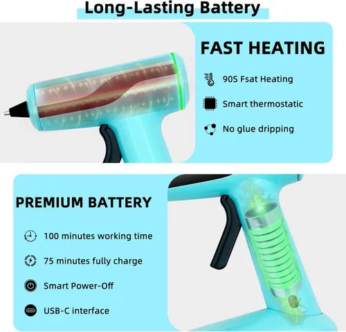 Vista 3 de Pistola de pegamento caliente inalámbrica, pistola de pegamento termofusible recargable de 2 Ah, batería incorporada, apagado inteligente, kit