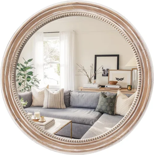 Vista 11 de Sawsile - Espejo redondo de madera, 45 cm, espejo circular rústico de granja con marco natural de madera con cuentas boho, espejo de pared