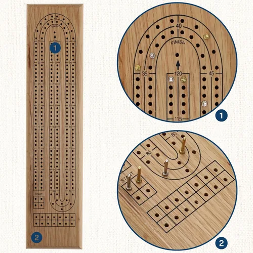 Vista 8 de WE Games Classic Cribbage Set - Tabla continua de 2 pistas de madera de roble maciza con clavijas de metal
