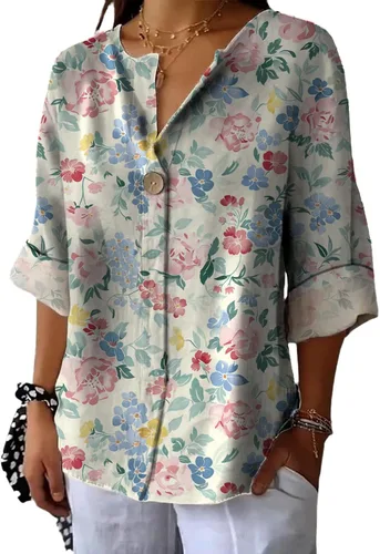 Vista 4 de domirica Camisas de manga corta con cuello en V para mujer, blusas elegantes con estampado floral y ajuste holgado, blusas básicas y cómodas