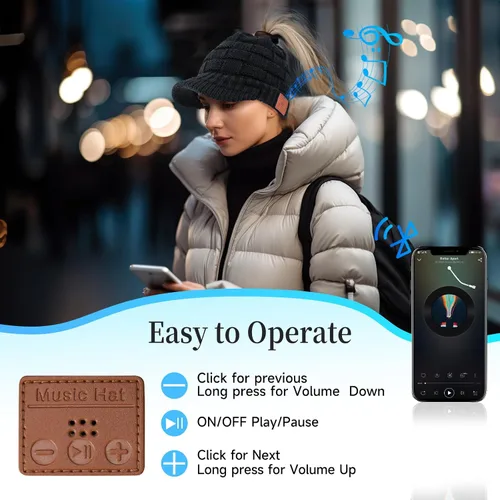 Vista 2 de Gorro Bluetooth para mujer con agujero para cola de caballo, gorro con auriculares integrado, micrófono integrado, regalos para mujer, W2-negro