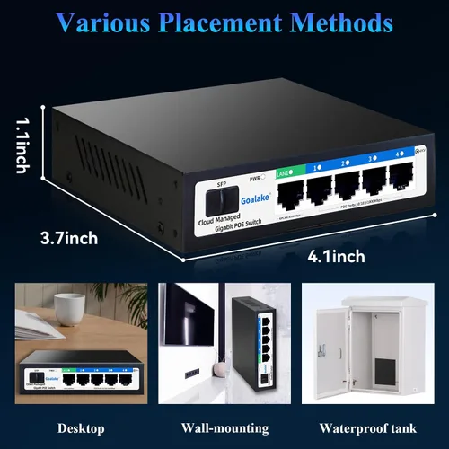 Vista 7 de Conmutador Poe, conmutador Gigabit PoE de 5 puertos (conmutador Gigabit de 4 puertos + 1 gigabit uplink+ 1 ranura SFP) Conmutador Gigabit Ethernet