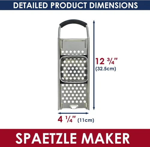 Vista 7 de Spaetzle Maker de acero inoxidable de grado premium con mango de agarre cómodo, fabricante tradicional de fideos de huevo alemán con caja de regalo