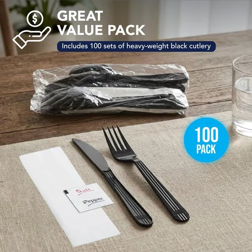 Vista 4 de Party Essentials Juego de utensilios de plástico negro envueltos individualmente/paquetes de cubiertos resistentes