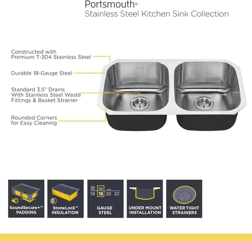 Vista 4 de American Standard 18CR.9322100S.075 Portsmouth - Fregadero de cocina con doble tazón, 32 x 21 pulgadas, acero inoxidable