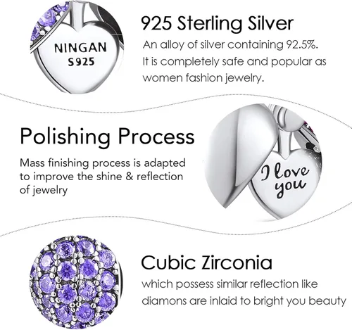 Vista 5 de NINGAN Abalorio colgante con texto en inglés I Love You para mujeres niñas esposa mamá hija amigas con circonia cúbica 5A para pulseras de abalorios